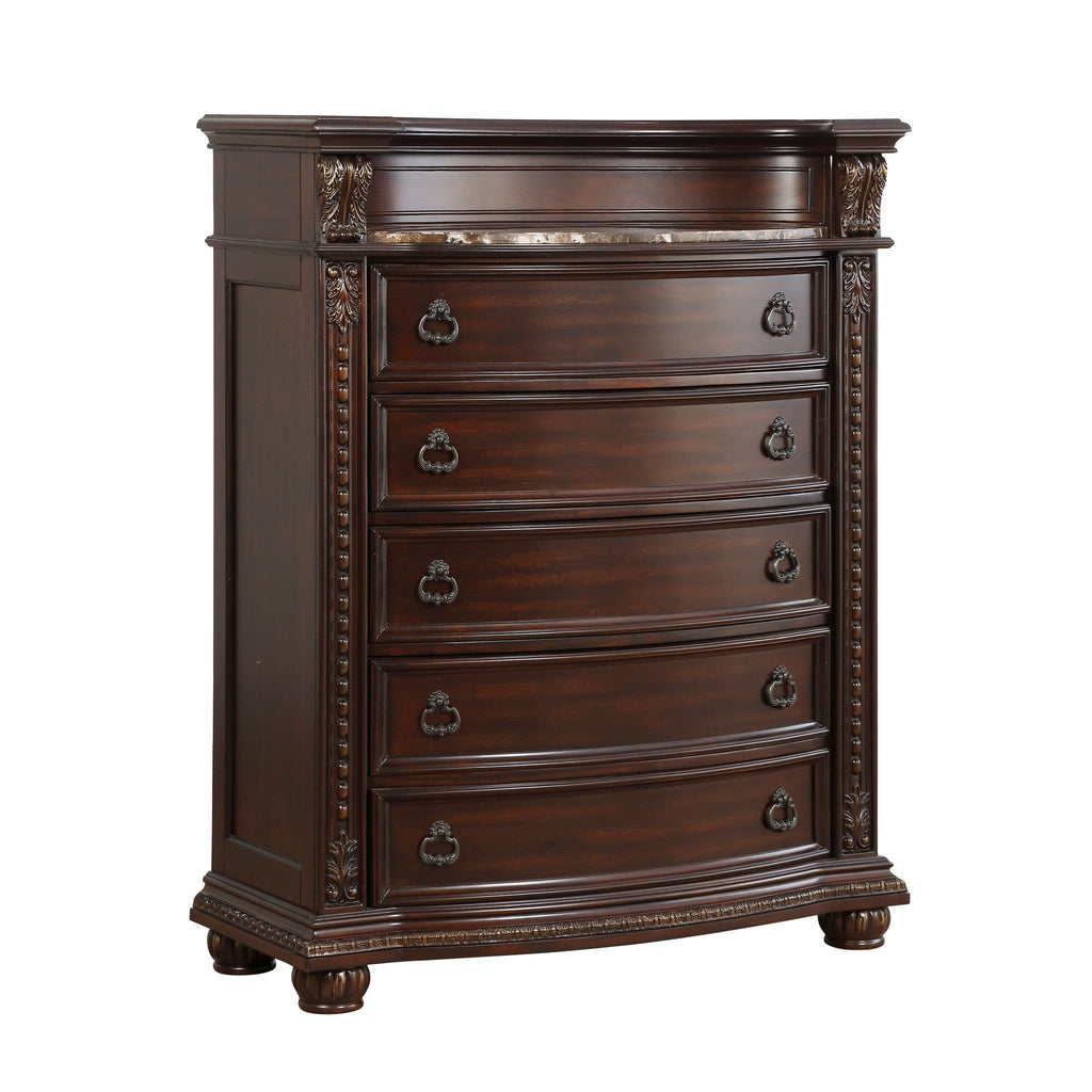 Homlegance Chest, Marble Insert Cavalier Collection In Dark Cherry Finish With Gold Tipping