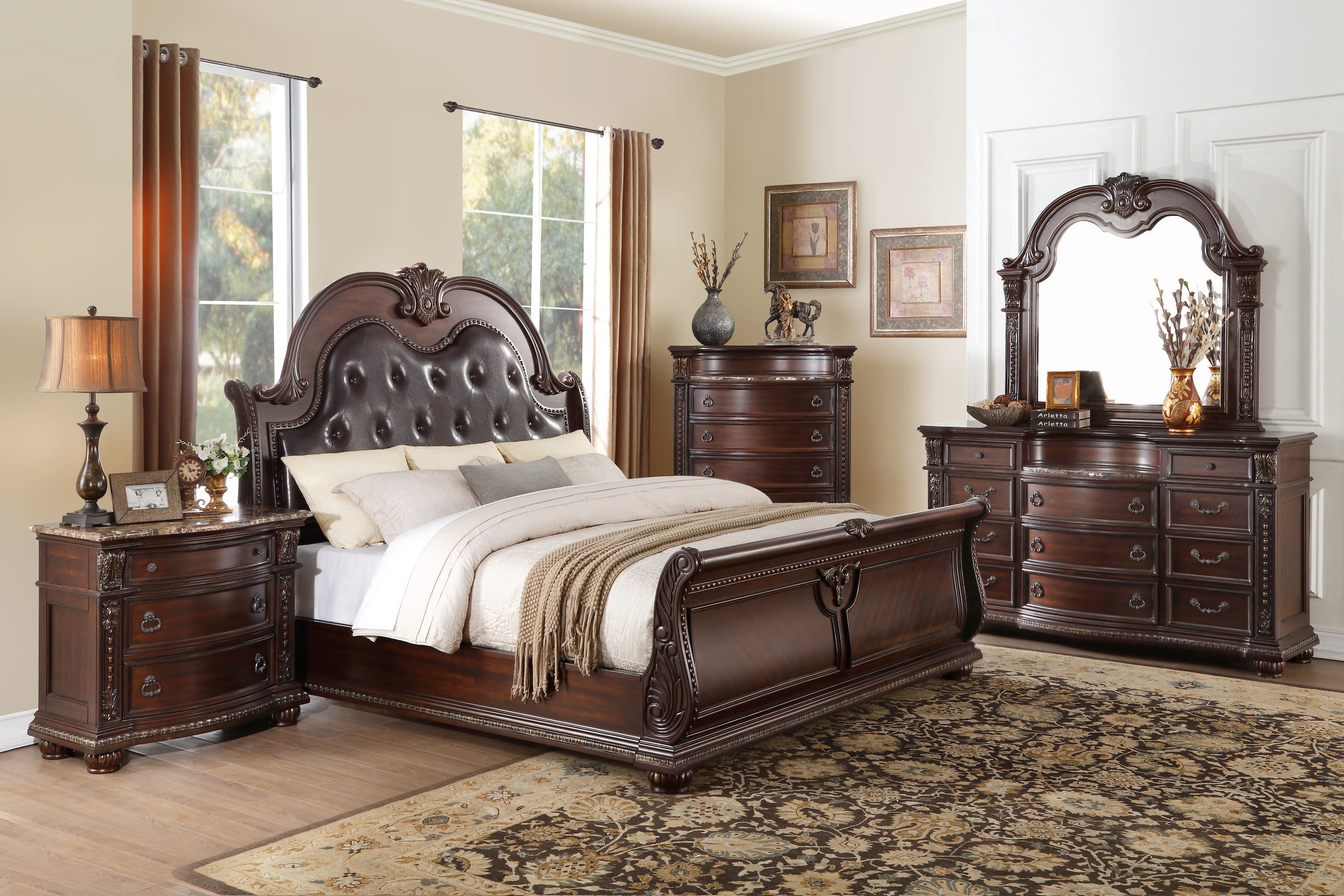 Homlegance Chest, Marble Insert Cavalier Collection In Dark Cherry Finish With Gold Tipping
