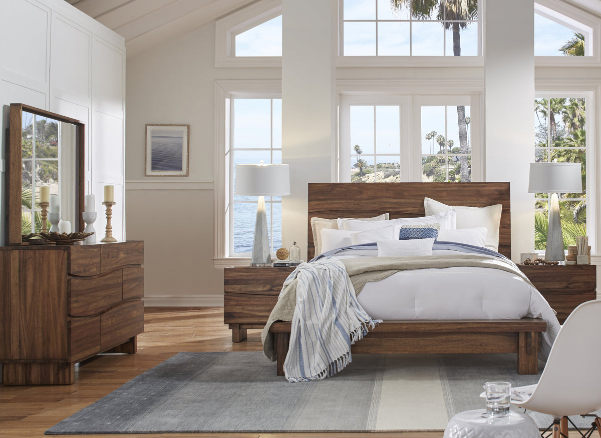 Modus Ocean 5PC E King Platform Bed Set w 2 Nightstand in Natural Sengon
