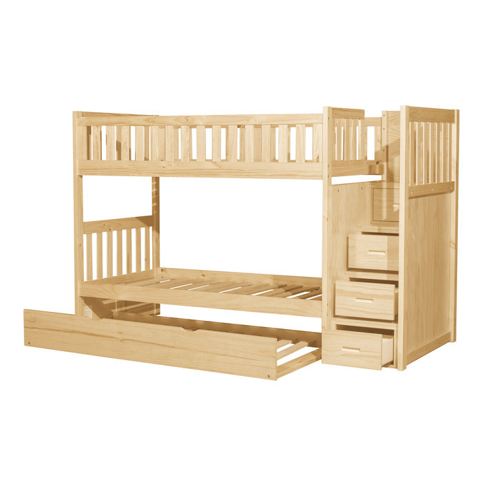 Homelegance Bartly Bunk Bed with Reversible Step Storage Twin Trundle in Natural Pine