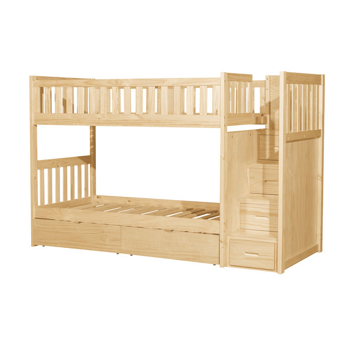 Homelegance Bartly Bunk Bed with Reversible Step Storage Twin Trundle in Natural Pine