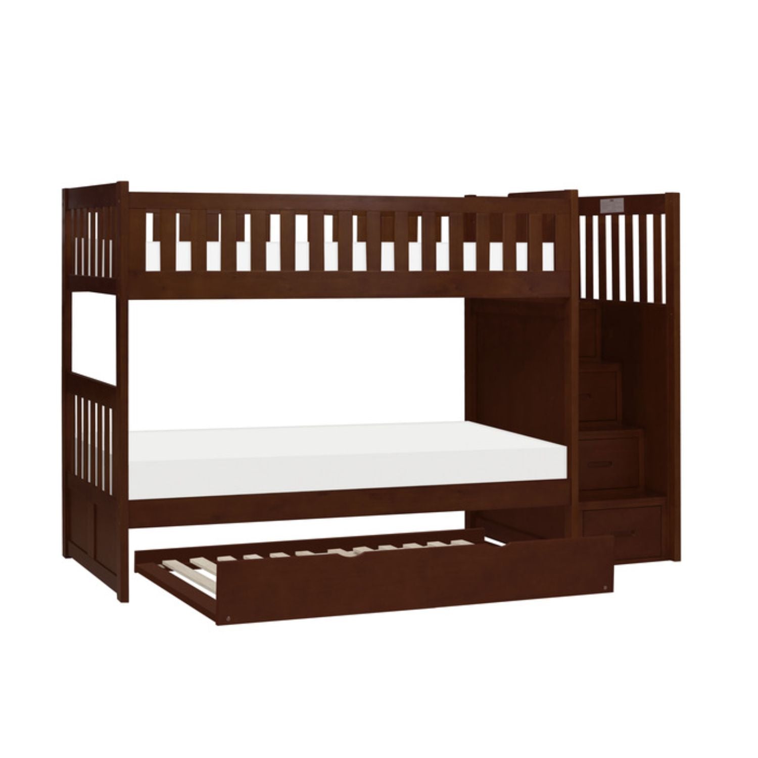 Homelegance Rowe Bunk Bed with Reversible Step Storage Twin Trundle in Dark Cherry
