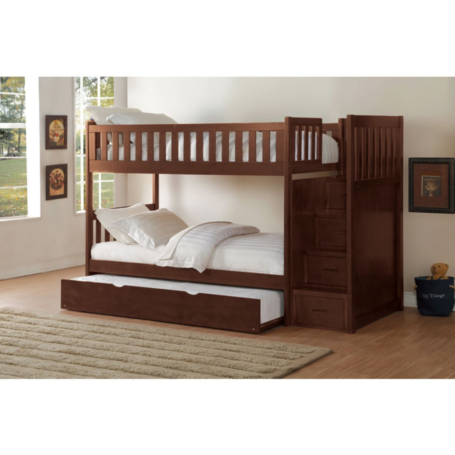 Homelegance Rowe Bunk Bed with Reversible Step Storage & Storage Drawer in Dark Cherry