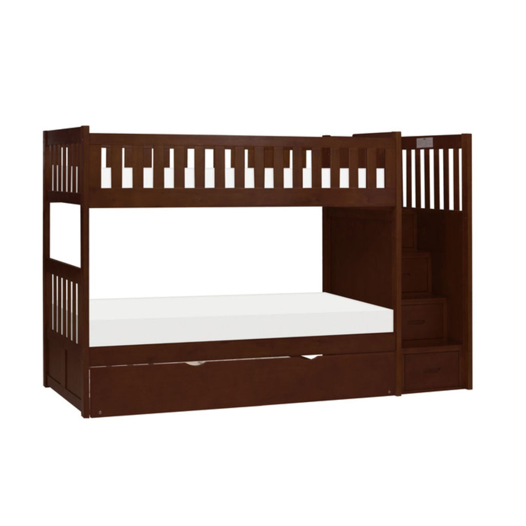 Homelegance Rowe Bunk Bed with Reversible Step Storage & Storage Drawer in Dark Cherry